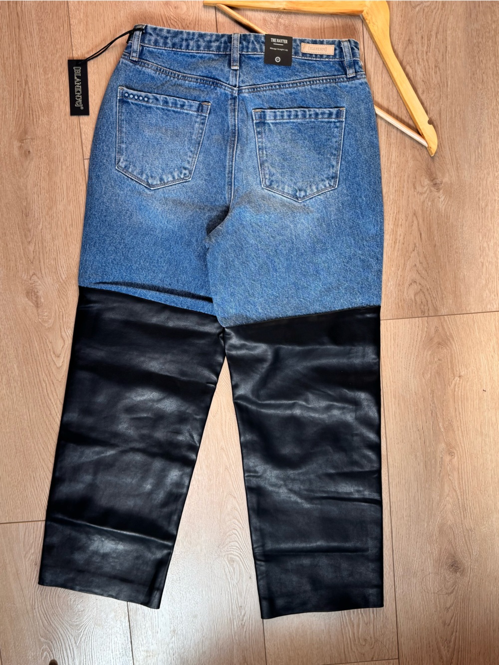 Blank NYC Two-Tone Blue Denim and Faux Leather Wide Leg Jeans | Size 27 - Picture 12 of 15